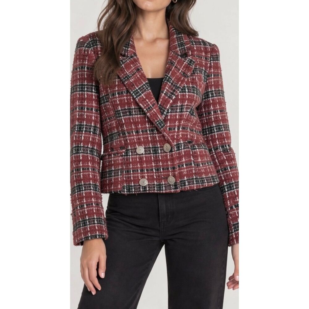 FORE Tweed Cropped Double-Breasted Blazer Red Black White Size L